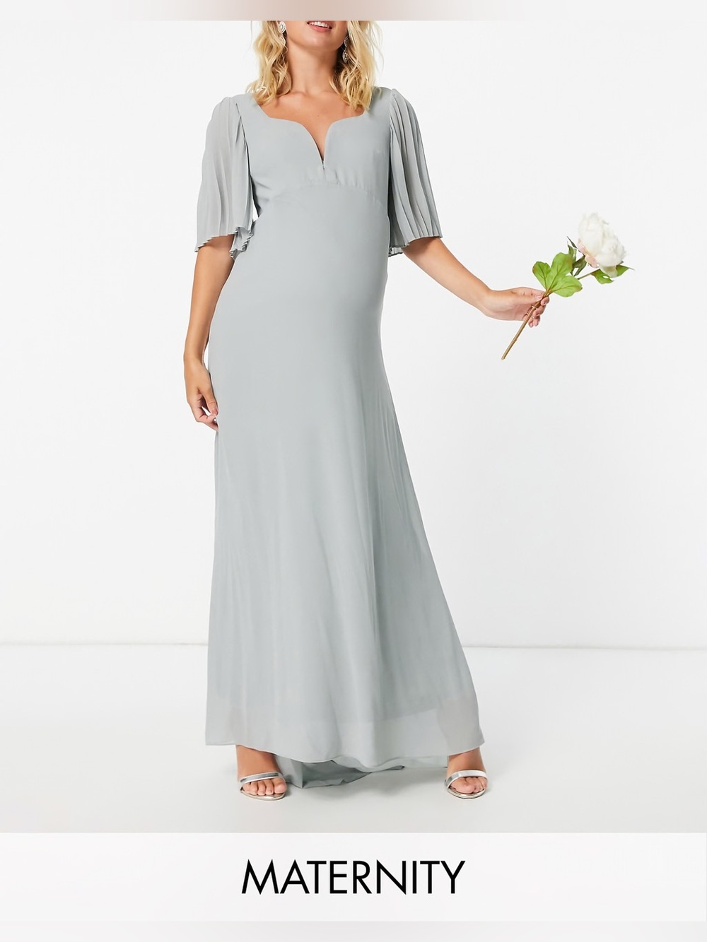 TFNC London Galot Sage Maternity Maxi Dress Pleated Cape Sleeves Size 18 NWT